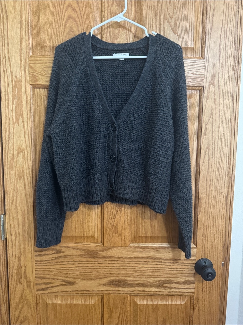 American Eagle Outfitters Charcoal Knit Button-Front V-Neck Cardigan